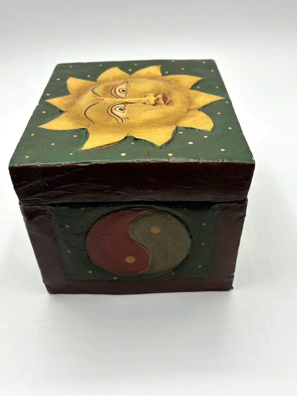 Vintage Folk Art Celestial Sun Moon Yin Yang Wooden Trinket Box